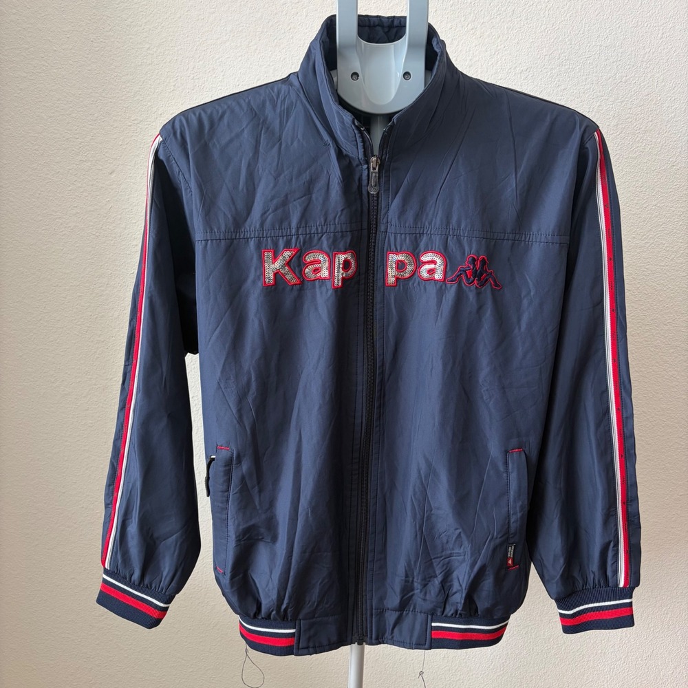 Kappa Windbreaker Jacket Womens XL Navy Blue Sequined Logo Spell Out Stripe Zip
